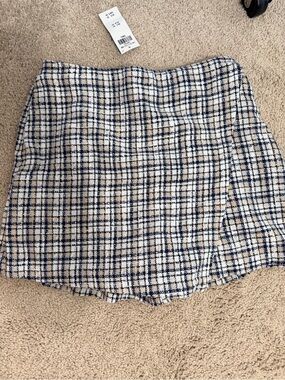 Plaid Tweed Mini Skort in Navy and Cream